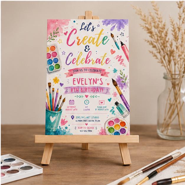 Editable Art Paint Birthday Invitation Canva Template, Girls Cute Modern Fun Themed DIY Sweet Chic Party Invite, Printable Digital Download.