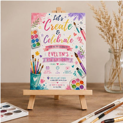 Editable Art Paint Birthday Invitation Canva Template, Girls Cute Modern Fun Themed DIY Sweet Chic Party Invite, Printable Digital Download.