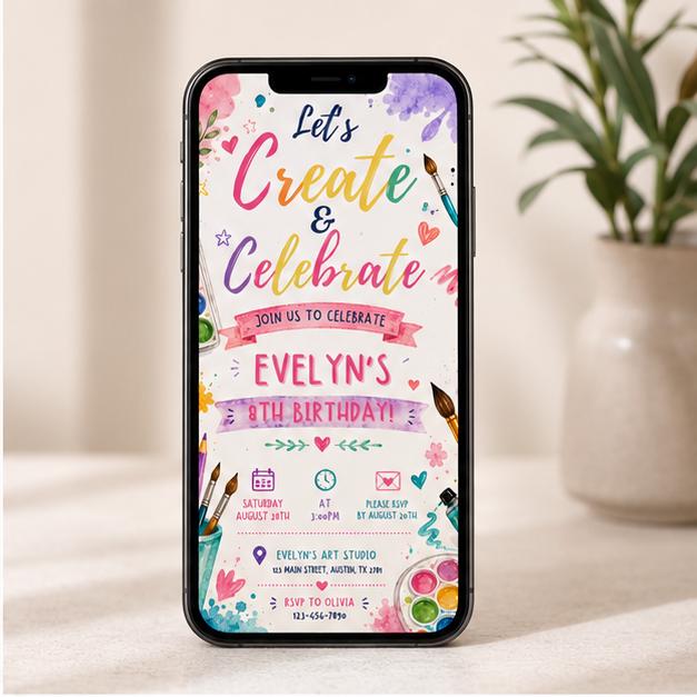 Editable Art Paint Birthday Invitation Canva Template, Girls Cute Modern Fun Themed DIY Sweet Chic Party Invite, Printable Digital Download.