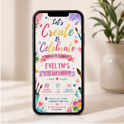 Editable Art Paint Birthday Invitation Canva Template, Girls Cute Modern Fun Themed DIY Sweet Chic Party Invite, Printable Digital Download.