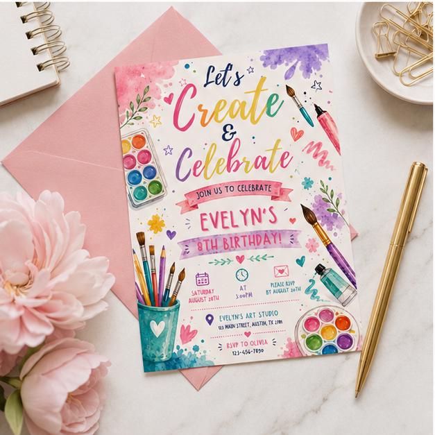 Editable Art Paint Birthday Invitation Canva Template, Girls Cute Modern Fun Themed DIY Sweet Chic Party Invite, Printable Digital Download.