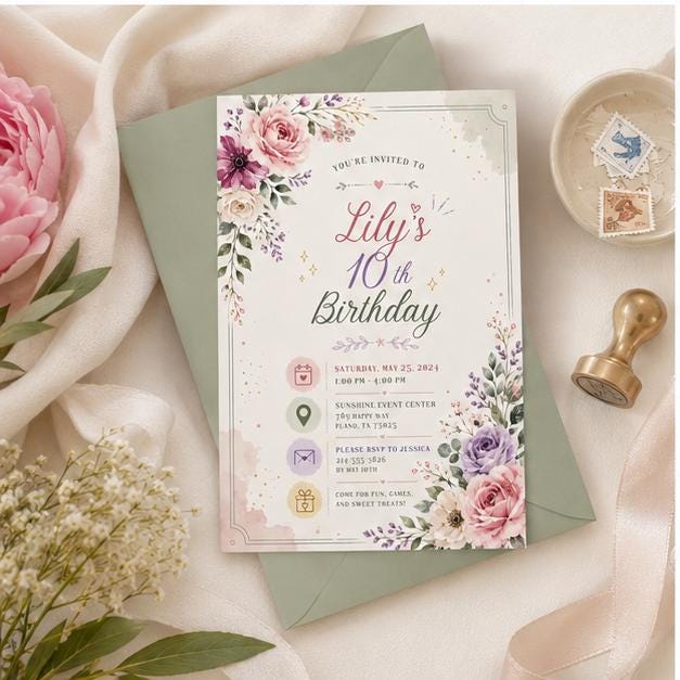 Editable Wildflower Birthday Invitation Canva Template, Floral Girls Kids Teens Cute Fun DIY Sweet Party Invite, Printable Digital Download.