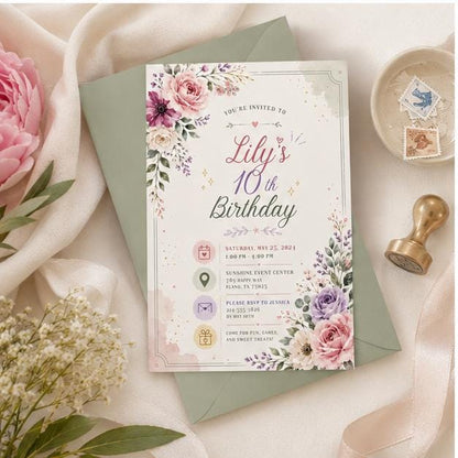 Editable Wildflower Birthday Invitation Canva Template, Floral Girls Kids Teens Cute Fun DIY Sweet Party Invite, Printable Digital Download.
