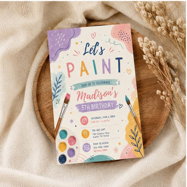 Editable Art Paint Party Invitation Canva Template, Neon Girls Cute Modern Fun Themed Custom DIY Sweet Chic Kids Printable Digital Download.