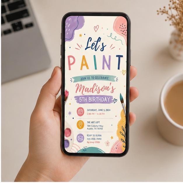 Editable Art Paint Party Invitation Canva Template, Neon Girls Cute Modern Fun Themed Custom DIY Sweet Chic Kids Printable Digital Download.