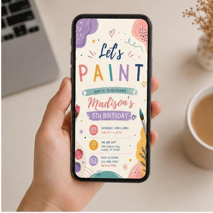 Editable Art Paint Party Invitation Canva Template, Neon Girls Cute Modern Fun Themed Custom DIY Sweet Chic Kids Printable Digital Download.