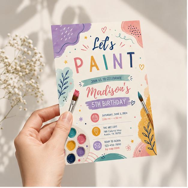 Editable Art Paint Party Invitation Canva Template, Neon Girls Cute Modern Fun Themed Custom DIY Sweet Chic Kids Printable Digital Download.