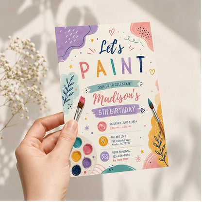Editable Art Paint Party Invitation Canva Template, Neon Girls Cute Modern Fun Themed Custom DIY Sweet Chic Kids Printable Digital Download.