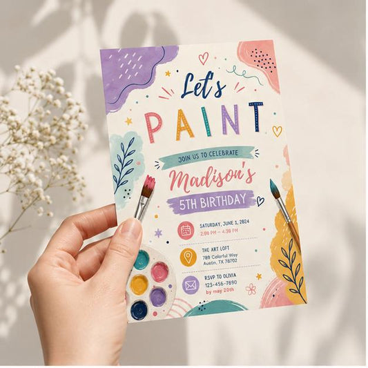 Editable Art Paint Party Invitation Canva Template, Neon Girls Cute Modern Fun Themed Custom DIY Sweet Chic Kids Printable Digital Download.