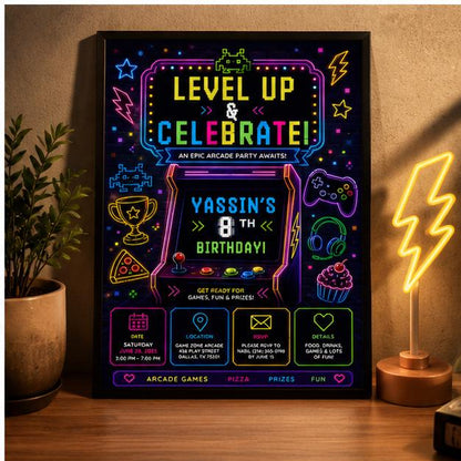 Editable Gamer Birthday Invitation Canva Template, Blue Green Neon Boys Cute Modern Fun Themed DIY Party Invite, Printable Digital Download.