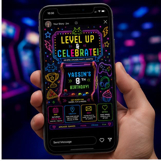 Editable Gamer Birthday Invitation Canva Template, Blue Green Neon Boys Cute Modern Fun Themed DIY Party Invite, Printable Digital Download.