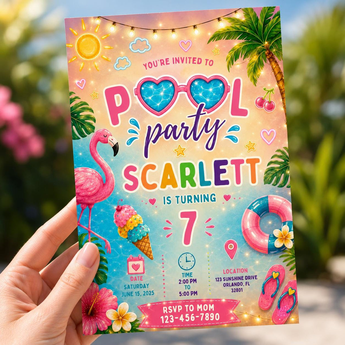 Editable Pool Birthday Invitation Canva Template, Neon Pool Cute Modern Fun Themed Custom DIY Chic Party Invite, Printable Digital Download.