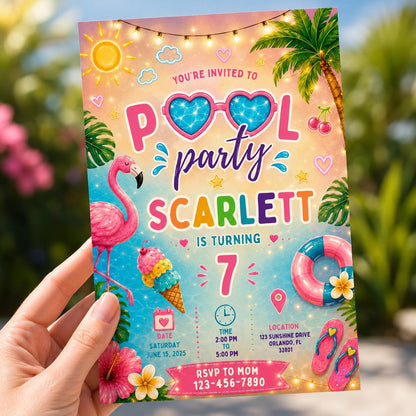 Editable Pool Birthday Invitation Canva Template, Neon Pool Cute Modern Fun Themed Custom DIY Chic Party Invite, Printable Digital Download.