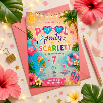 Editable Pool Birthday Invitation Canva Template, Neon Pool Cute Modern Fun Themed Custom DIY Chic Party Invite, Printable Digital Download.