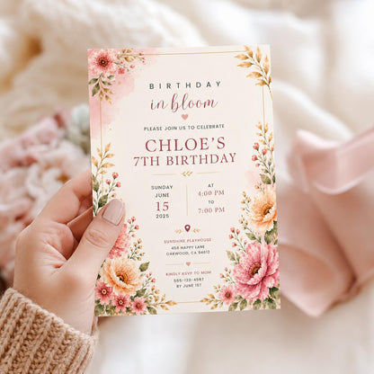 Editable Wildflower Birthday Invitation Canva Template, Pink Boho Floral Girls Cute Modern Fun DIY Party Invite, Printable Digital Download.