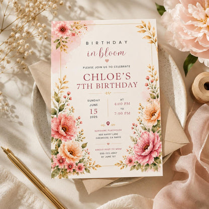 Editable Wildflower Birthday Invitation Canva Template, Pink Boho Floral Girls Cute Modern Fun DIY Party Invite, Printable Digital Download.