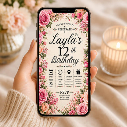 Editable Floral Birthday Invitation Canva Template, Pink Blush Girls Adult Cute Fun DIY Sweet Chic Party Invite, Printable Digital Download.