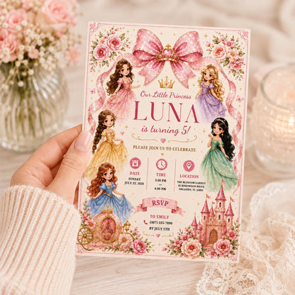 Editable Princess Birthday Invitation Canva Template, Girls Cute Modern Fun Themed Custom DIY Chic Party Invite, Printable Digital Download.