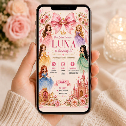 Editable Princess Birthday Invitation Canva Template, Girls Cute Modern Fun Themed Custom DIY Chic Party Invite, Printable Digital Download.