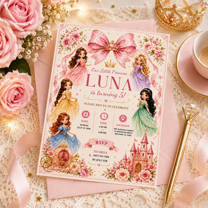 Editable Princess Birthday Invitation Canva Template, Girls Cute Modern Fun Themed Custom DIY Chic Party Invite, Printable Digital Download.