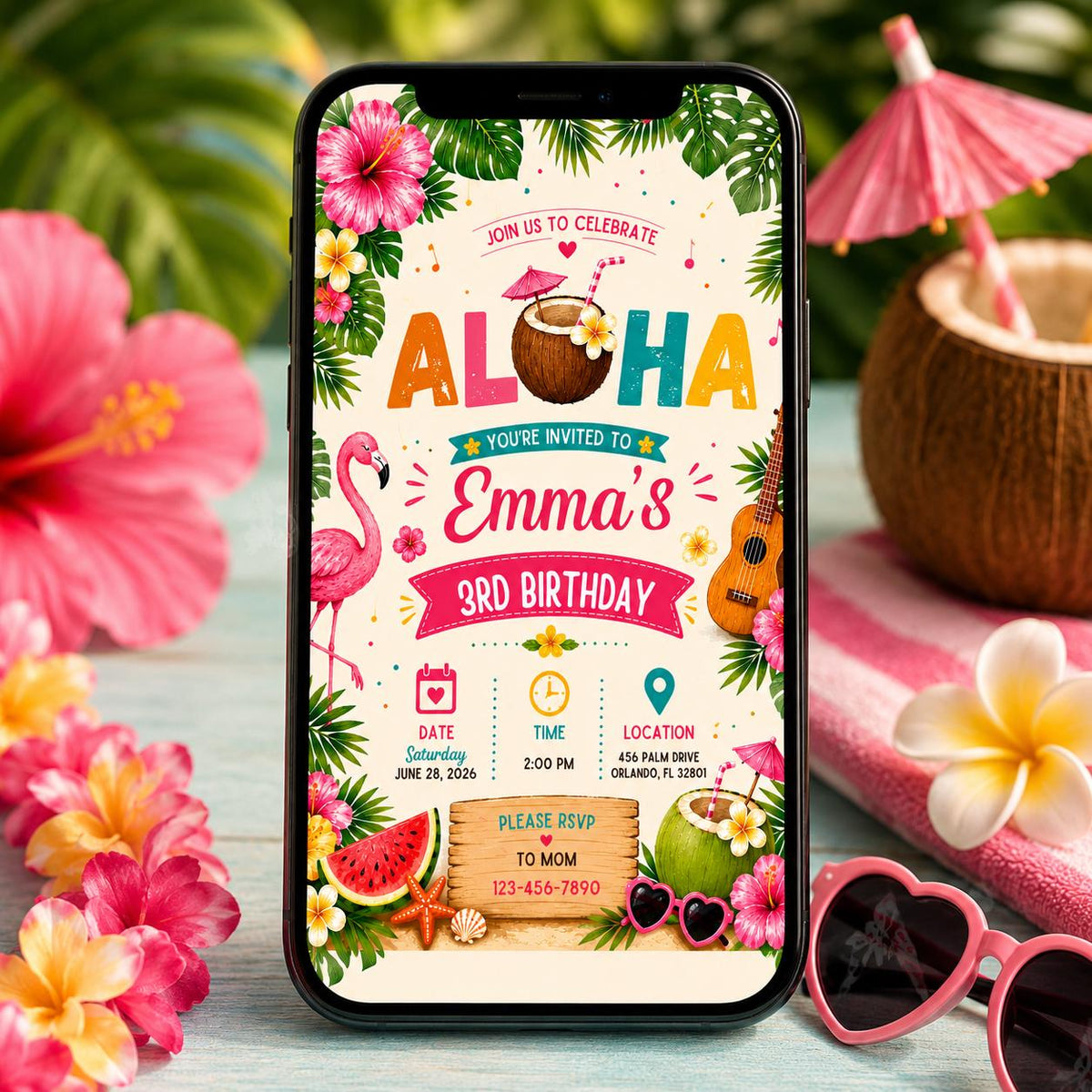 Editable Tropical Birthday Invitation Canva Template, Summer Cute Modern Fun Themed DIY Sweet Chic Party Invite, Printable Digital Download.