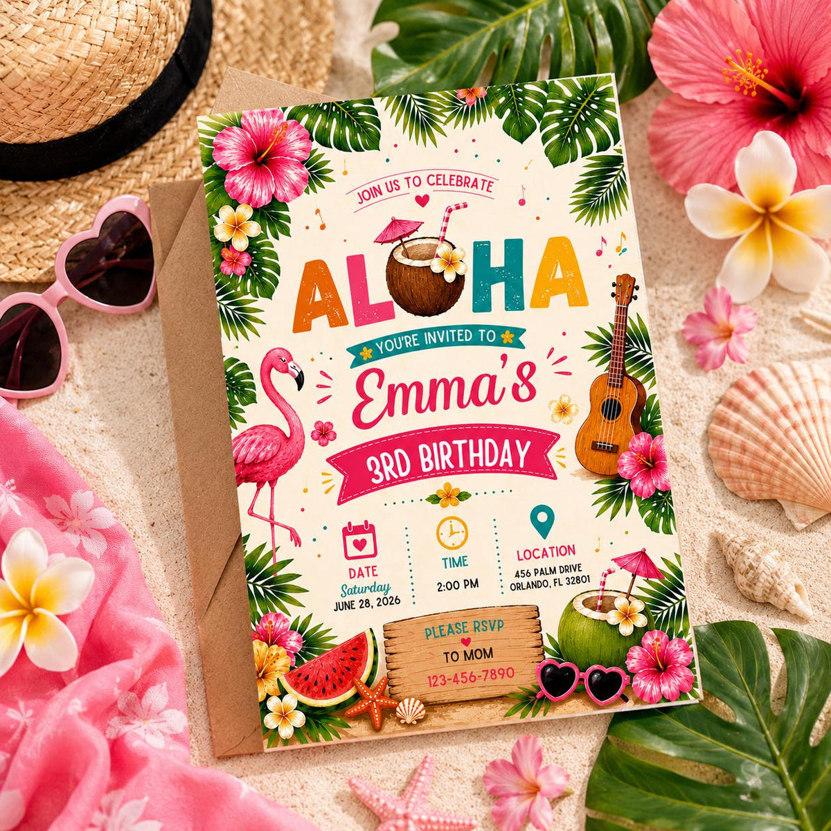 Editable Tropical Birthday Invitation Canva Template, Summer Cute Modern Fun Themed DIY Sweet Chic Party Invite, Printable Digital Download.