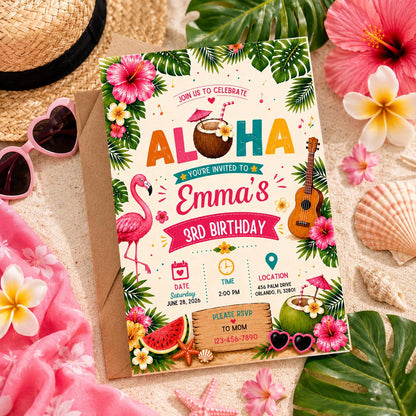 Editable Tropical Birthday Invitation Canva Template, Summer Cute Modern Fun Themed DIY Sweet Chic Party Invite, Printable Digital Download.