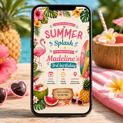 Editable Beach Birthday Invitation Canva Template, Pool Cute Modern Fun Themed DIY Sweet Chic Kids Party Invite, Printable Digital Download.