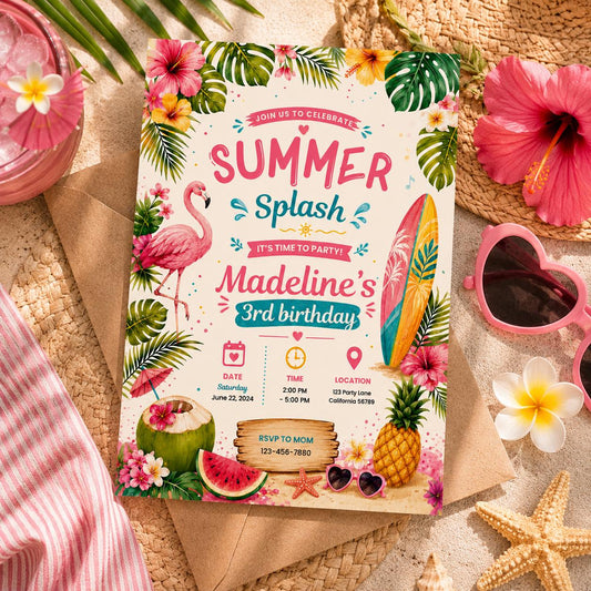 Editable Beach Birthday Invitation Canva Template, Pool Cute Modern Fun Themed DIY Sweet Chic Kids Party Invite, Printable Digital Download.