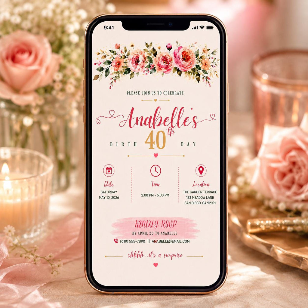 Editable Watercolor Roses Birthday Invitation Canva Template, Luxury Adult Cute Fun DIY Sweet Chic Party Invite, Printable Digital Download.