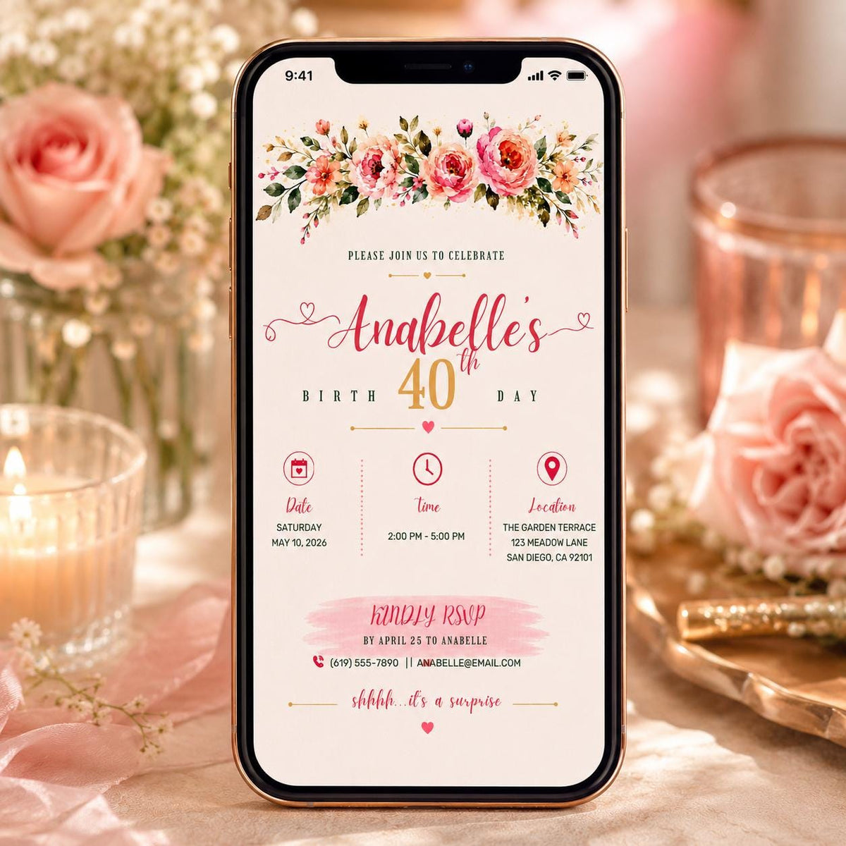 Editable Watercolor Roses Birthday Invitation Canva Template, Luxury Adult Cute Fun DIY Sweet Chic Party Invite, Printable Digital Download.