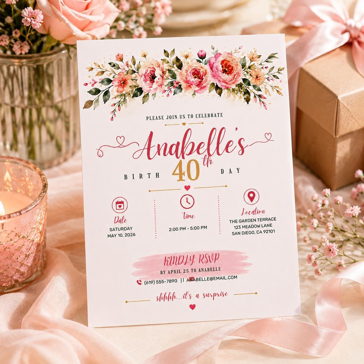 Editable Watercolor Roses Birthday Invitation Canva Template, Luxury Adult Cute Fun DIY Sweet Chic Party Invite, Printable Digital Download.