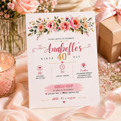 Editable Watercolor Roses Birthday Invitation Canva Template, Luxury Adult Cute Fun DIY Sweet Chic Party Invite, Printable Digital Download.