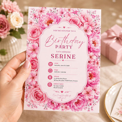 Editable Floral Birthday Invitation Canva Template, Pink Blush Girls Adult Cute Fun DIY Sweet Chic Party Invite, Printable Digital Download.