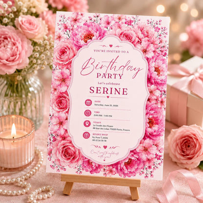 Editable Floral Birthday Invitation Canva Template, Pink Blush Girls Adult Cute Fun DIY Sweet Chic Party Invite, Printable Digital Download.