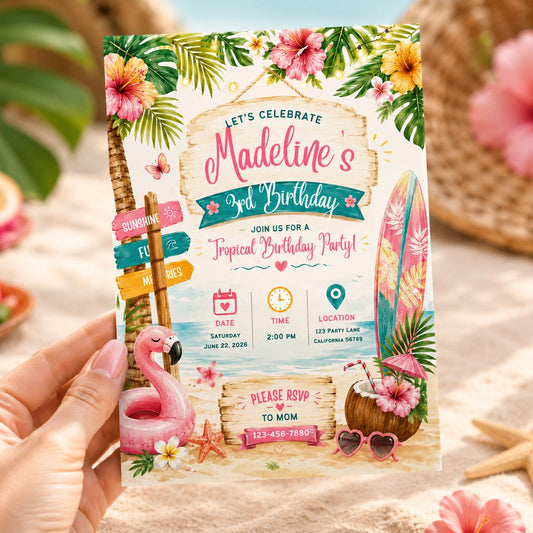Editable Tropical Birthday Invitation Canva Template, Summer Cute Modern Fun Themed DIY Sweet Chic Party Invite, Printable Digital Download.