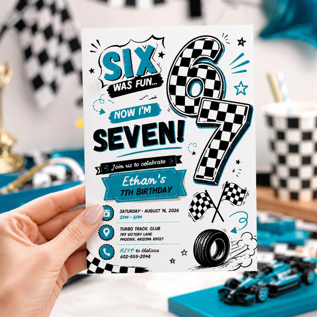 Editable 7th Birthday Invitation Canva Template, Retro Groovy Boys Kids Cute Modern Fun Themed DIY Party Invite, Printable Digital Download.