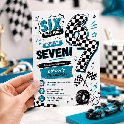 Editable 7th Birthday Invitation Canva Template, Retro Groovy Boys Kids Cute Modern Fun Themed DIY Party Invite, Printable Digital Download.