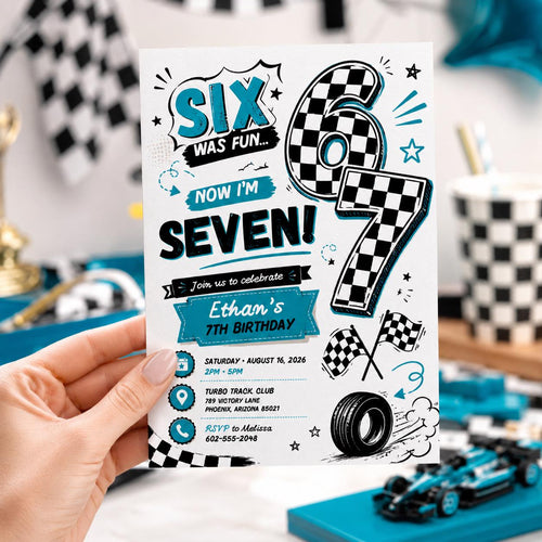 Editable 7th Birthday Invitation Canva Template, Retro Groovy Boys Kids Cute Modern Fun Themed DIY Party Invite, Printable Digital Download.