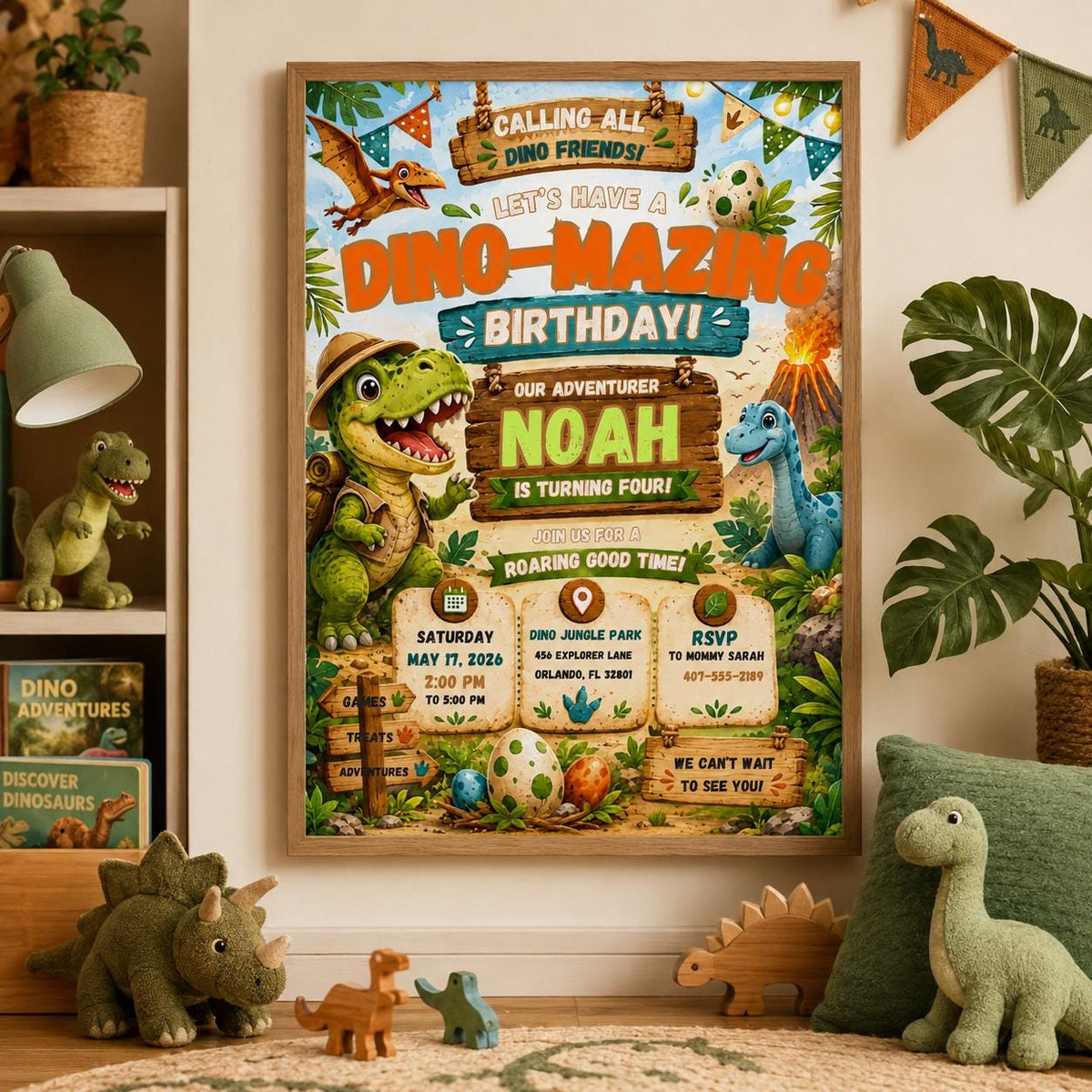 Editable Dinosaur Birthday Invitation Canva Template, Boys Dino Cute Modern Fun DIY Chic Kids Teen Party Invite, Printable Digital Download.