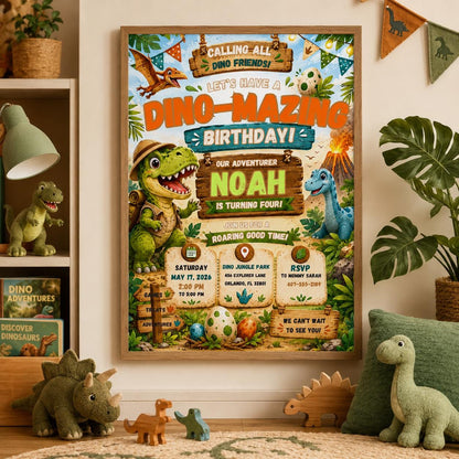 Editable Dinosaur Birthday Invitation Canva Template, Boys Dino Cute Modern Fun DIY Chic Kids Teen Party Invite, Printable Digital Download.