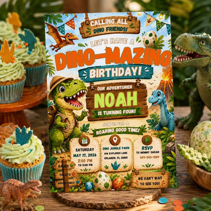 Editable Dinosaur Birthday Invitation Canva Template, Boys Dino Cute Modern Fun DIY Chic Kids Teen Party Invite, Printable Digital Download.