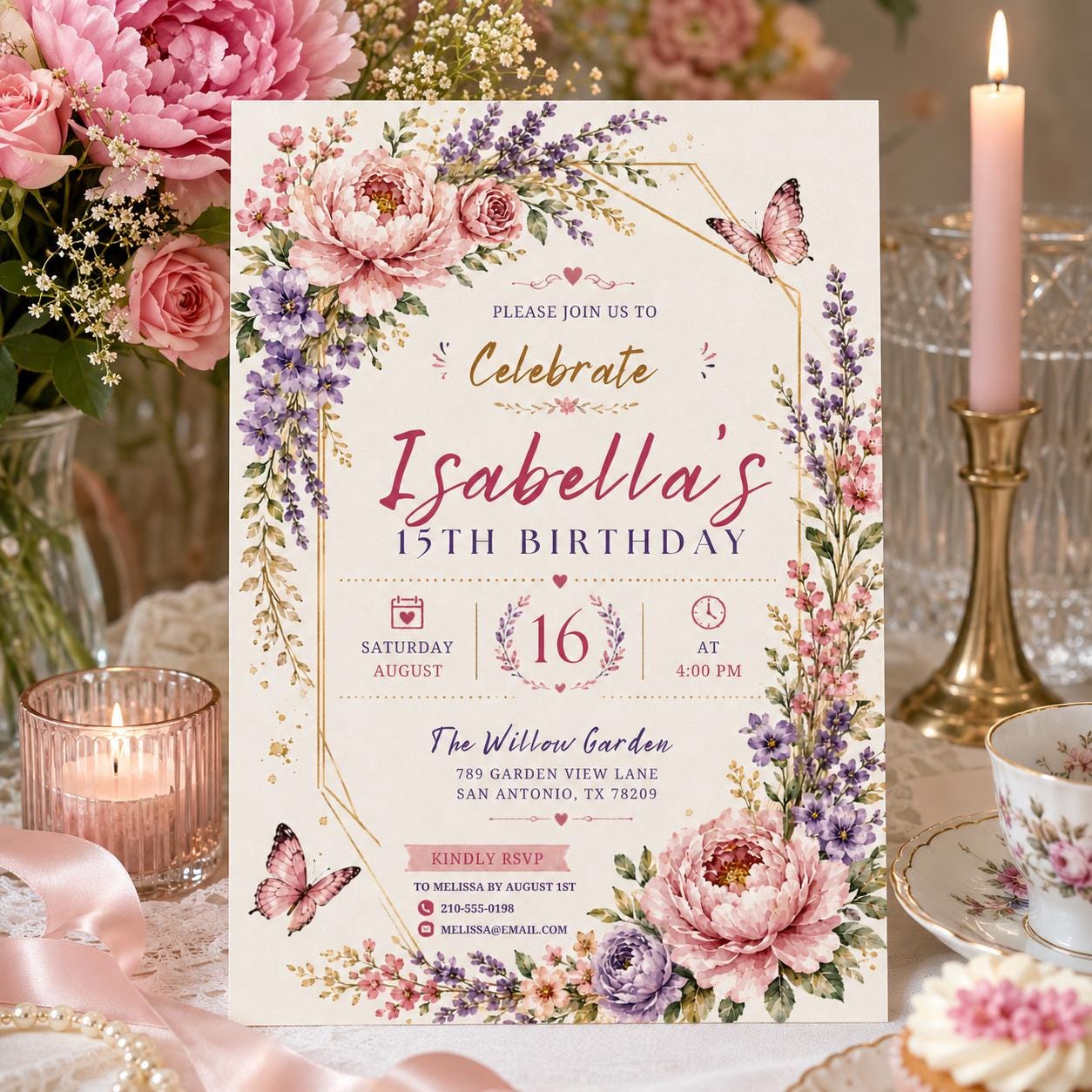Editable Floral Birthday Invitation Canva Template, Kids Floral Cute Fun DIY Sweet Chic Teen Tween Party Invite, Printable Digital Download.