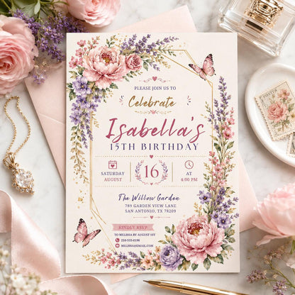 Editable Floral Birthday Invitation Canva Template, Kids Floral Cute Fun DIY Sweet Chic Teen Tween Party Invite, Printable Digital Download.