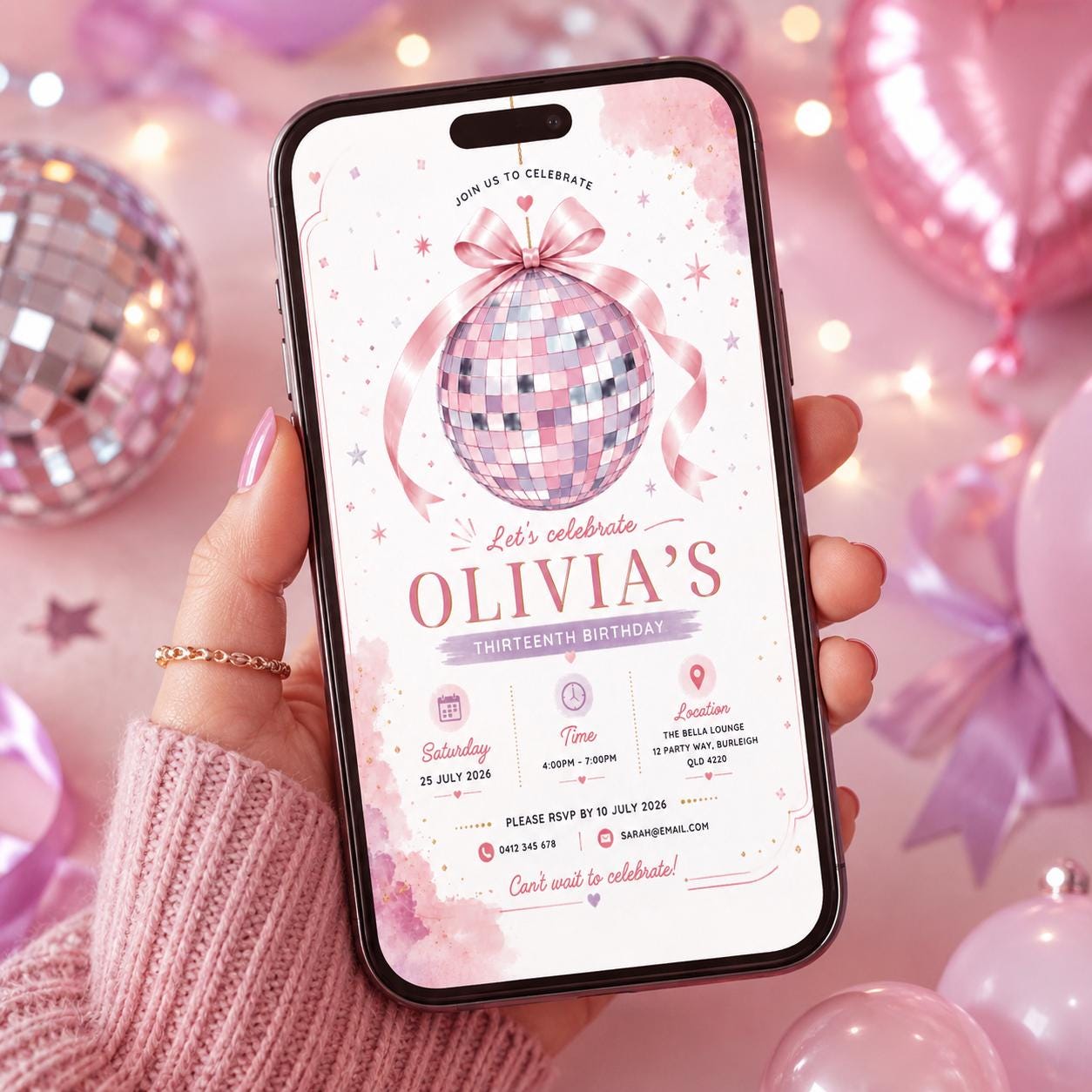Editable Shimmer Teenage Birthday Invitation Canva Template, Girls Kids Teens Any Age Cute Fun DIY Party Invite, Printable Digital Download.