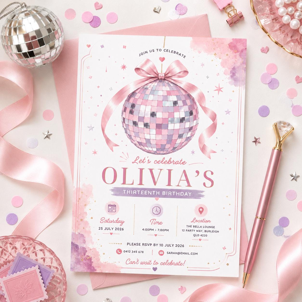 Editable Shimmer Teenage Birthday Invitation Canva Template, Girls Kids Teens Any Age Cute Fun DIY Party Invite, Printable Digital Download.