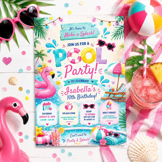 Editable Pool Party Birthday Invitation Canva Template, Pastel Summer Swim Party Invite for Girls, Kids, Any Age Printable Digital Download.