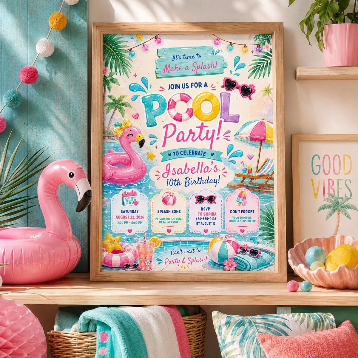 Editable Pool Party Birthday Invitation Canva Template, Pastel Summer Swim Party Invite for Girls, Kids, Any Age Printable Digital Download.