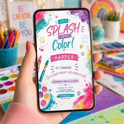 Editable Art Paint Birthday Invitation Canva Template, Girls Cute Modern Fun Themed DIY Sweet Chic Party Invite, Printable Digital Download.