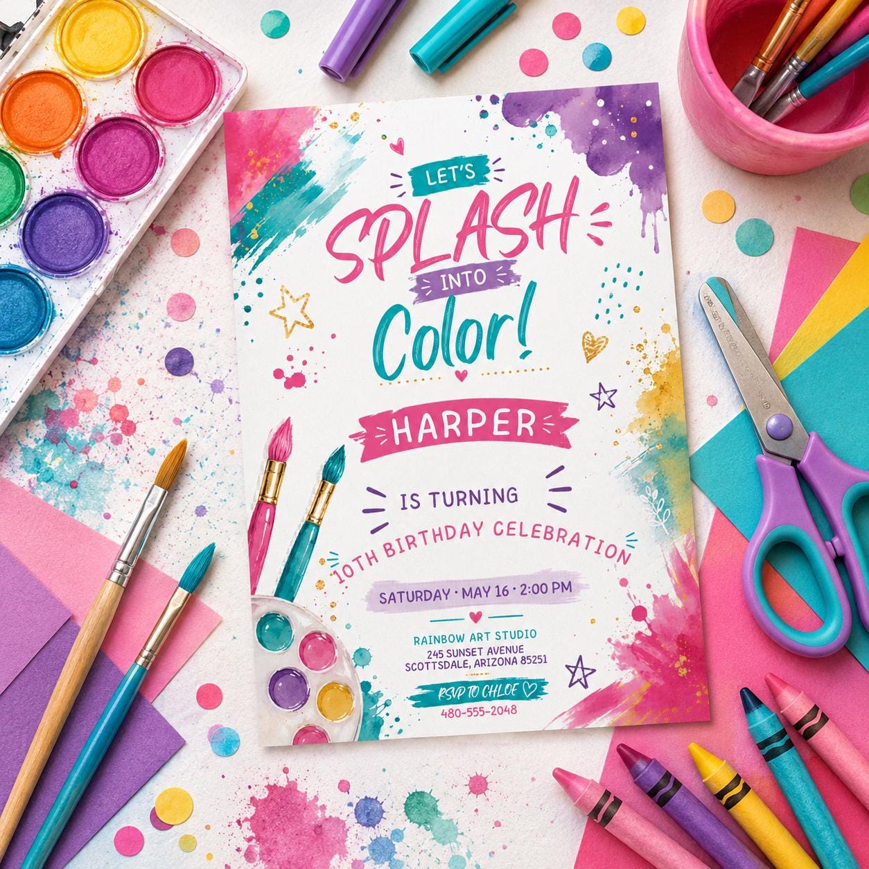 Editable Art Paint Birthday Invitation Canva Template, Girls Cute Modern Fun Themed DIY Sweet Chic Party Invite, Printable Digital Download.